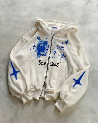 White “SeaSons” Zip-Up Hoodie