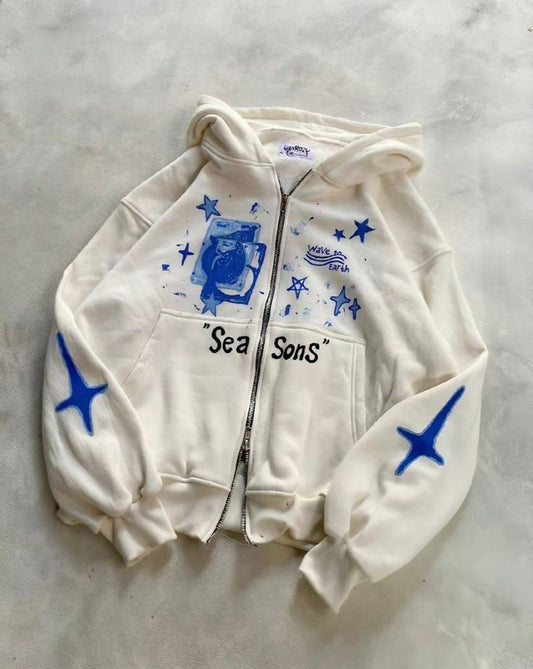 White “SeaSons” Zip-Up Hoodie