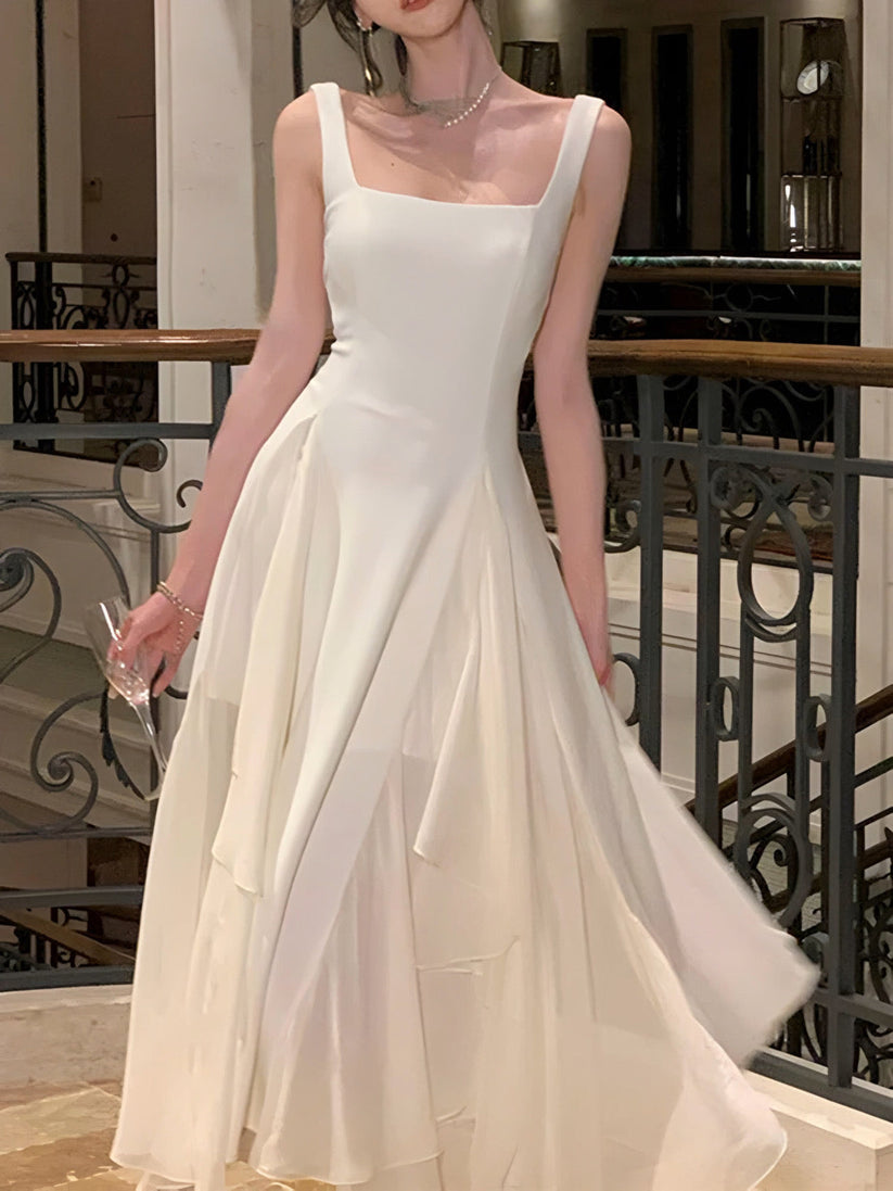 White Tiered Asymmetric Square Neckline A-line Dress – Luxandluxy