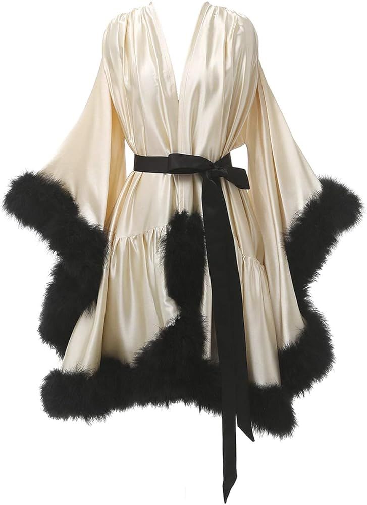 Boudoir Fur Trim Bell Sleeved Satin Robe