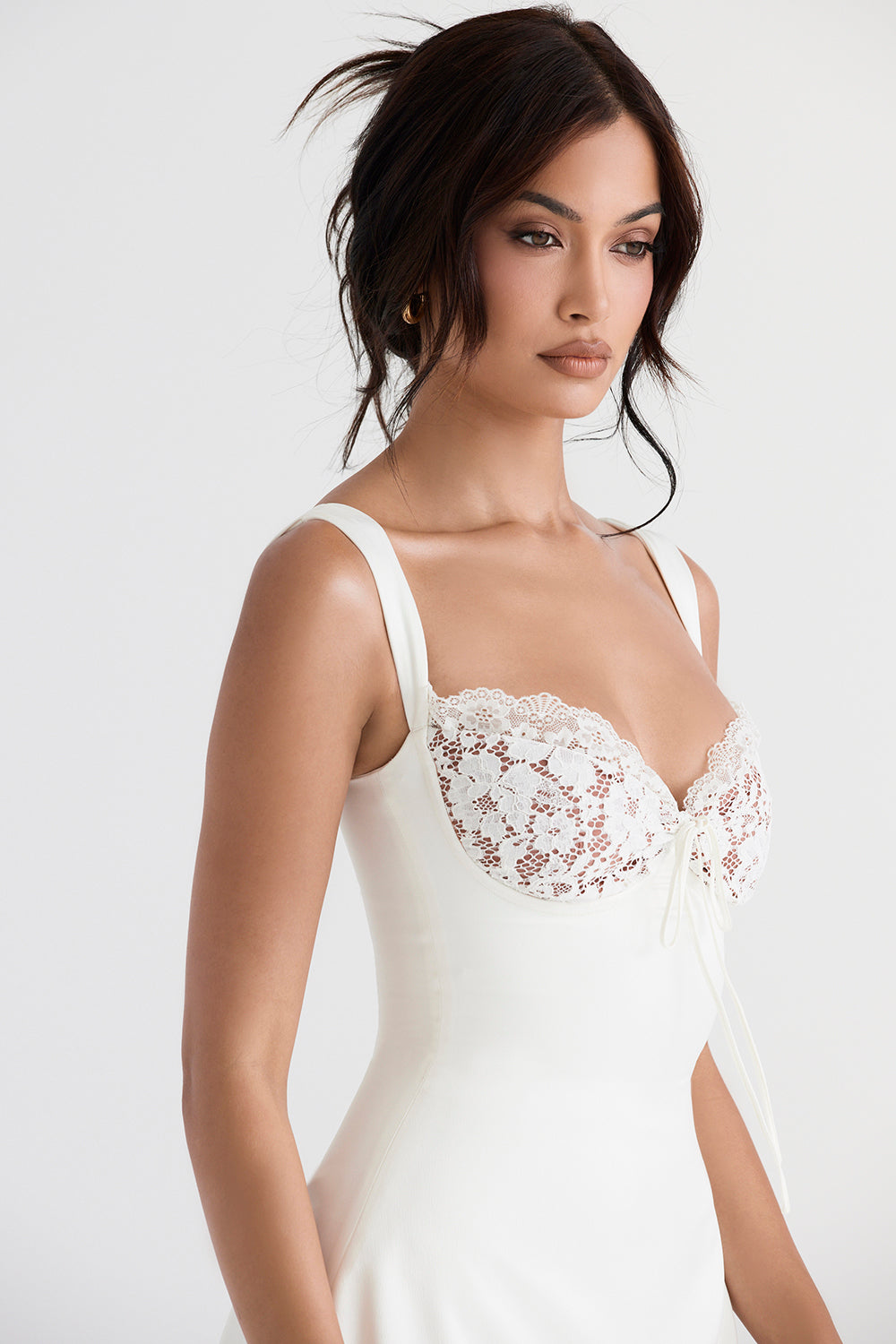 'Adriana' Ivory Satin & Lace Mini Dress-Luxandluxy