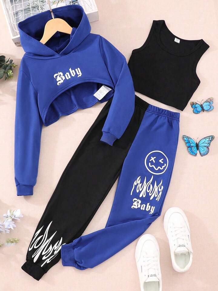 'Baby' Hoodie Tank Top Sweatpants 3pcs Set-Luxandluxy