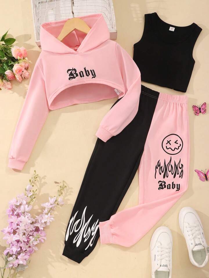 'Baby' Hoodie Tank Top Sweatpants 3pcs Set-Luxandluxy