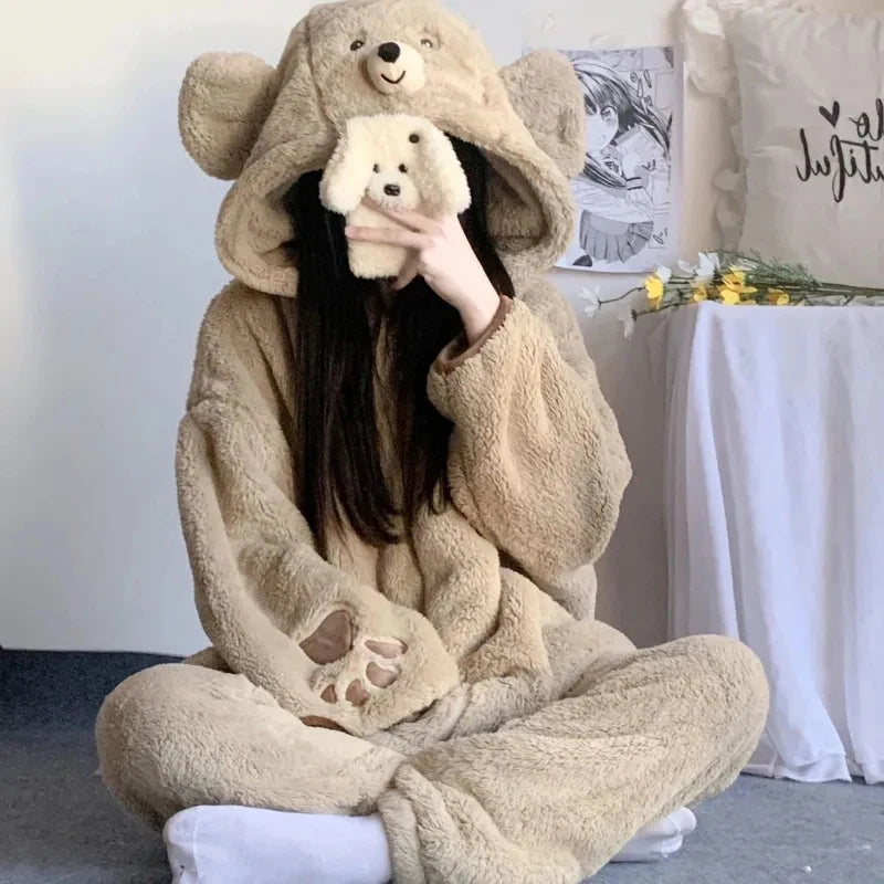 Bear Fleece Hooded Pajama Set-Luxandluxy