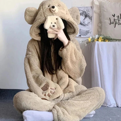 Bear Fleece Hooded Pajama Set-Luxandluxy