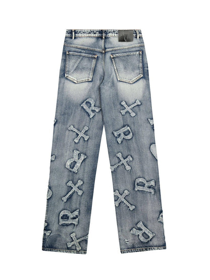 Frayed Cross & Letter Patch Jeans