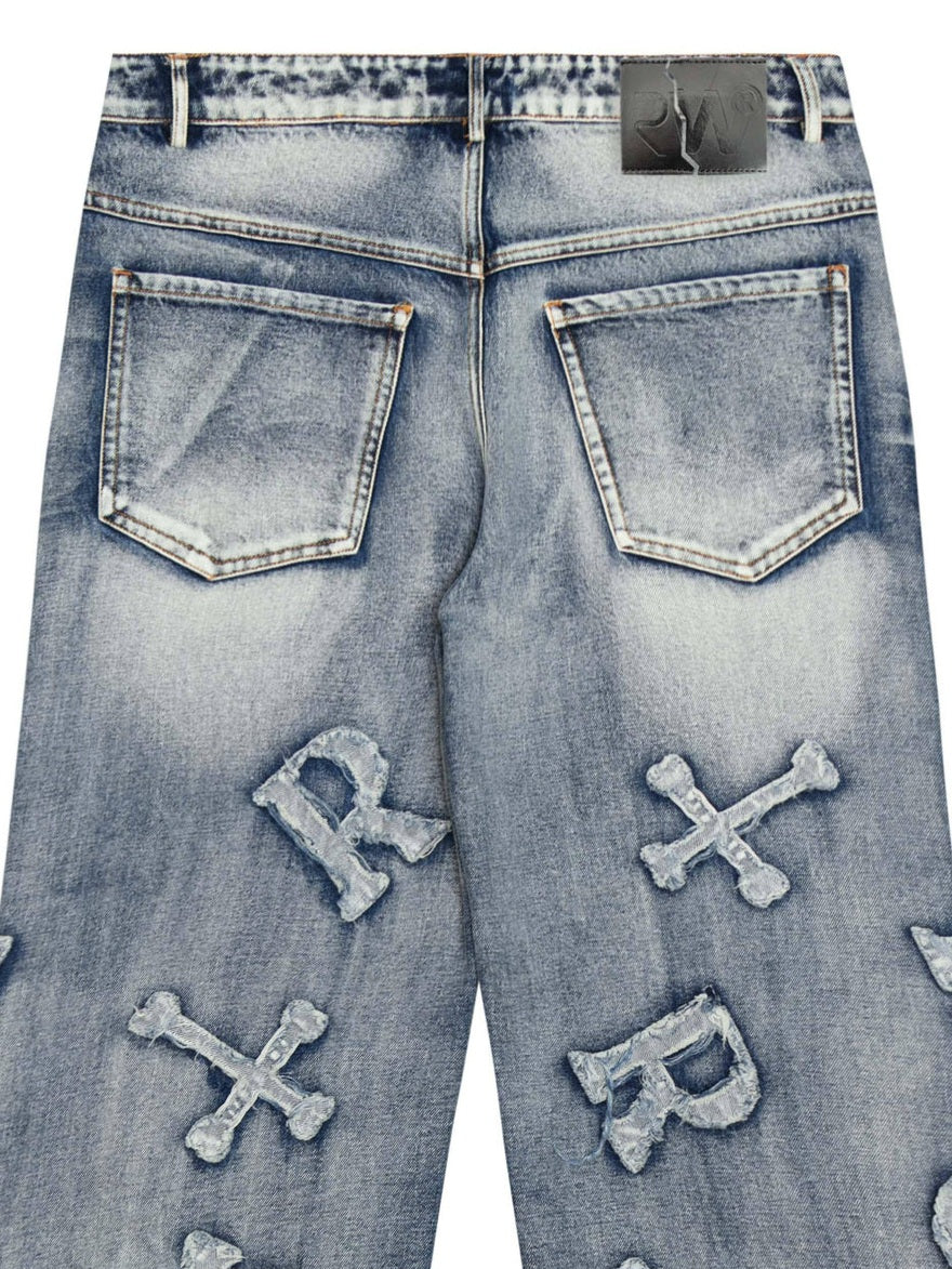 Frayed Cross & Letter Patch Jeans