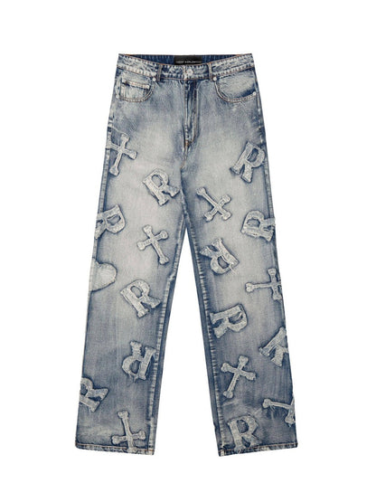 Frayed Cross & Letter Patch Jeans