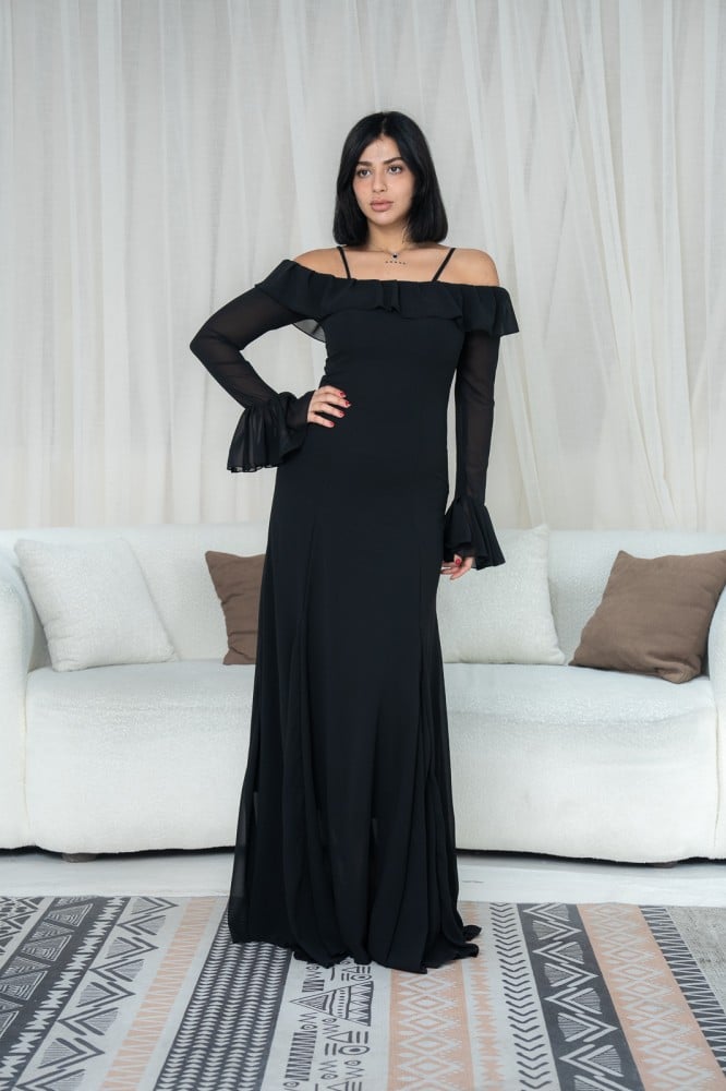 Black Off-Shoulder Bell Sleeves Chiffon Dress-Luxandluxy