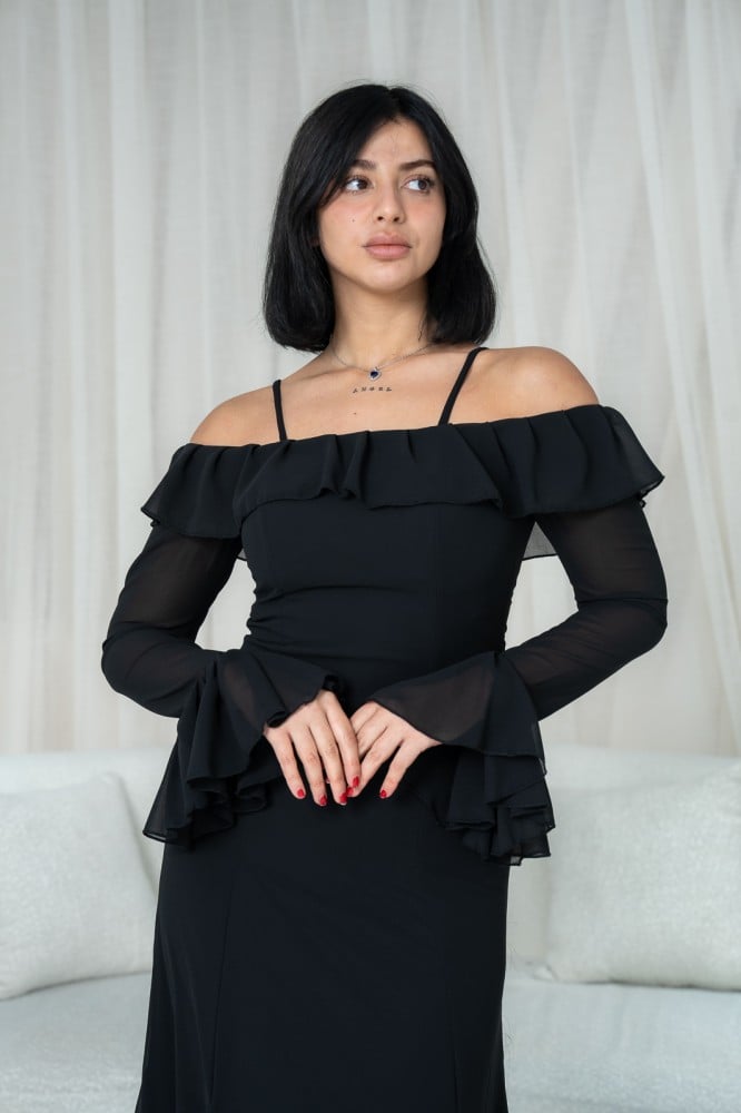 Black Off-Shoulder Bell Sleeves Chiffon Dress-Luxandluxy