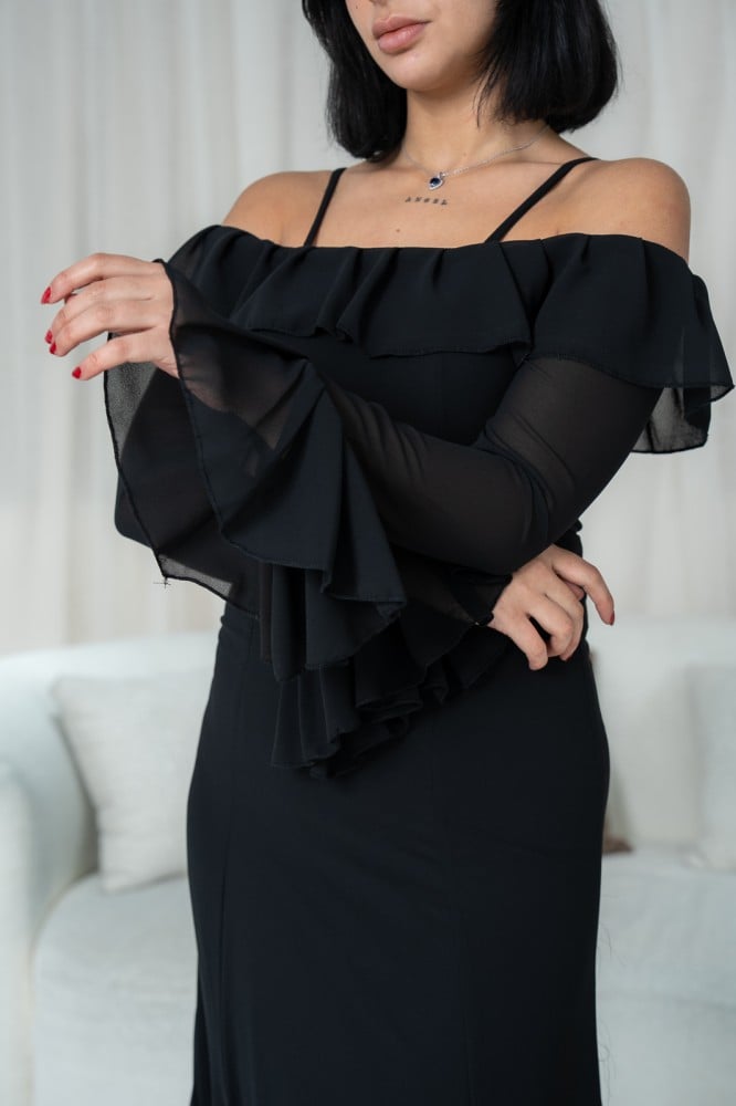 Black Off-Shoulder Bell Sleeves Chiffon Dress-Luxandluxy