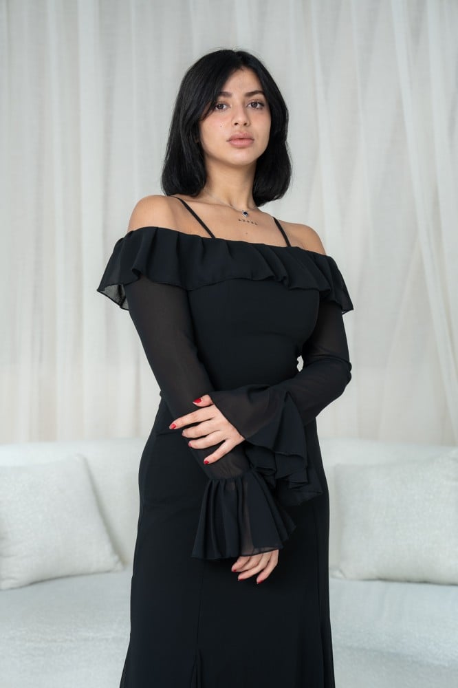 Black Off-Shoulder Bell Sleeves Chiffon Dress-Luxandluxy