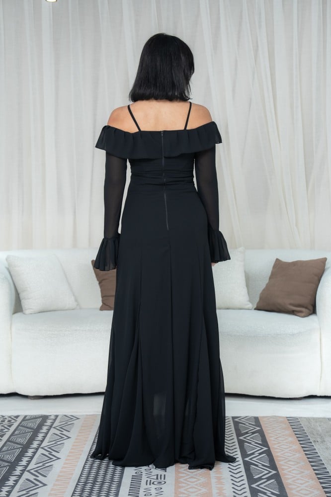 Black Off-Shoulder Bell Sleeves Chiffon Dress-Luxandluxy