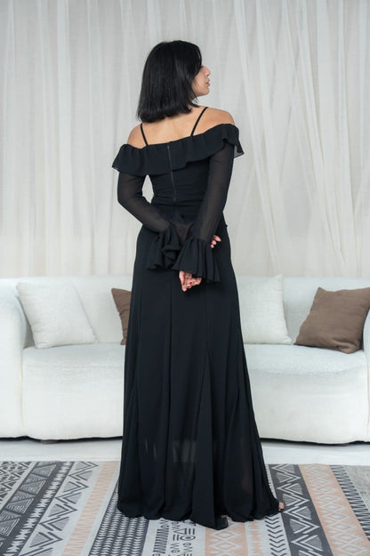 Black Off-Shoulder Bell Sleeves Chiffon Dress-Luxandluxy