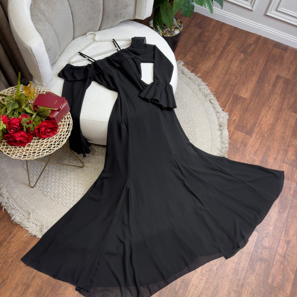 Black Off-Shoulder Bell Sleeves Chiffon Dress-Luxandluxy