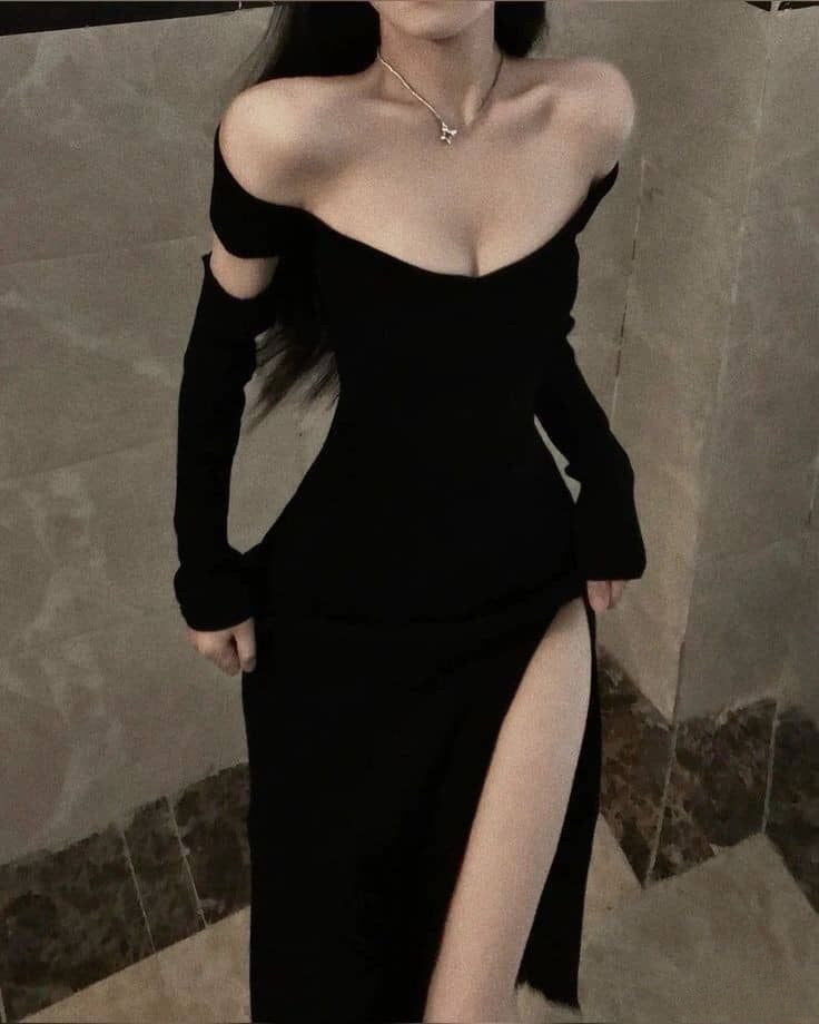 Black Off-Shoulder High Slit Sheath Dress-Luxandluxy