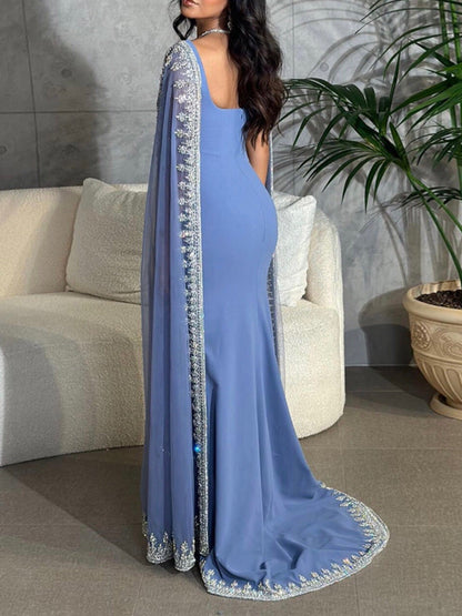 Blue Cape Sleeve Embroidered Trim Maxi Dress-Luxandluxy