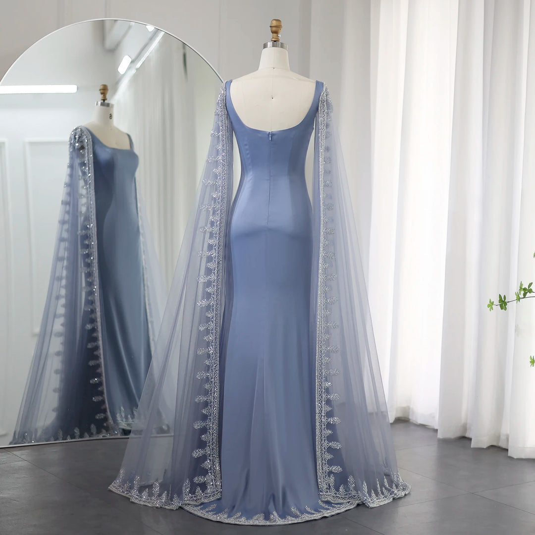 Blue Cape Sleeve Embroidered Trim Maxi Dress-Luxandluxy