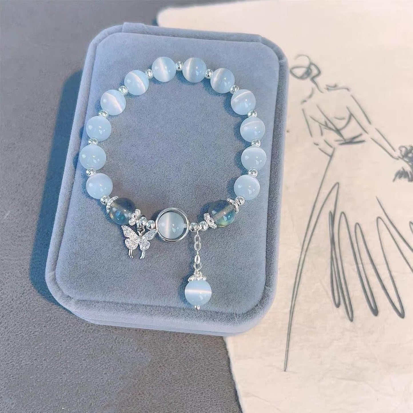 Blue Cat Eye Pearl Butterfly Bracelet-Luxandluxy