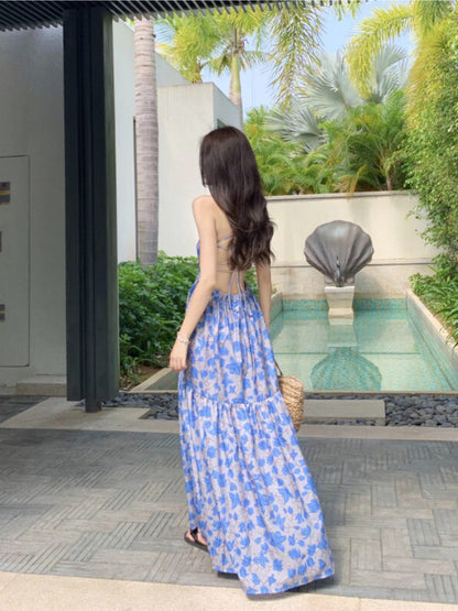 Blue Floral Criss-Cross Back Maxi Dress-Luxandluxy