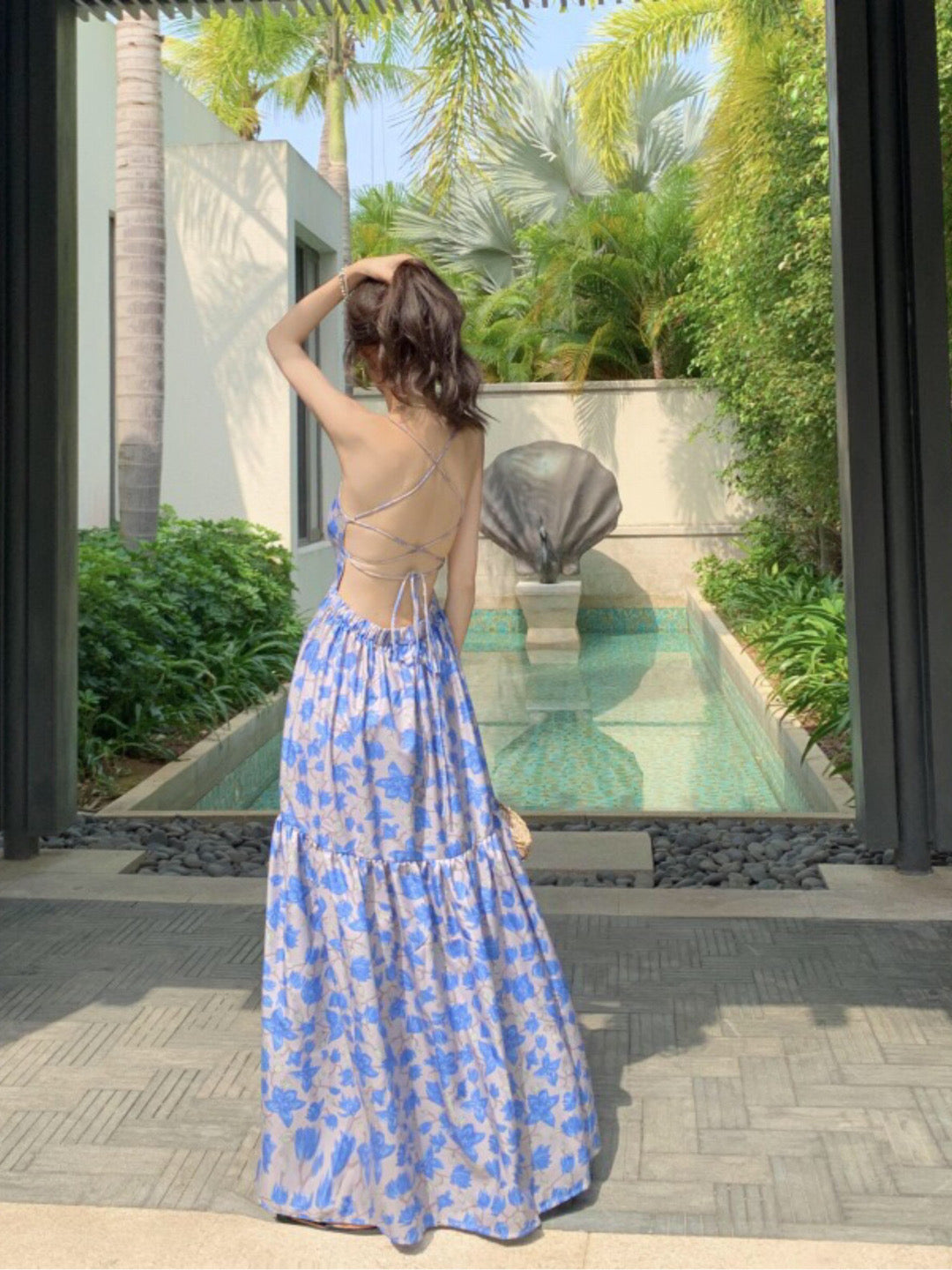 Blue Floral Criss-Cross Back Maxi Dress-Luxandluxy