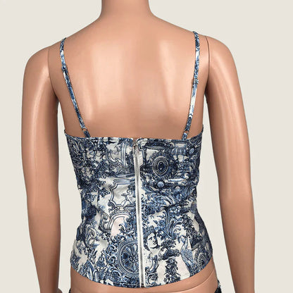 Blue Renaissance Print Structured Corset Top-Luxandluxy