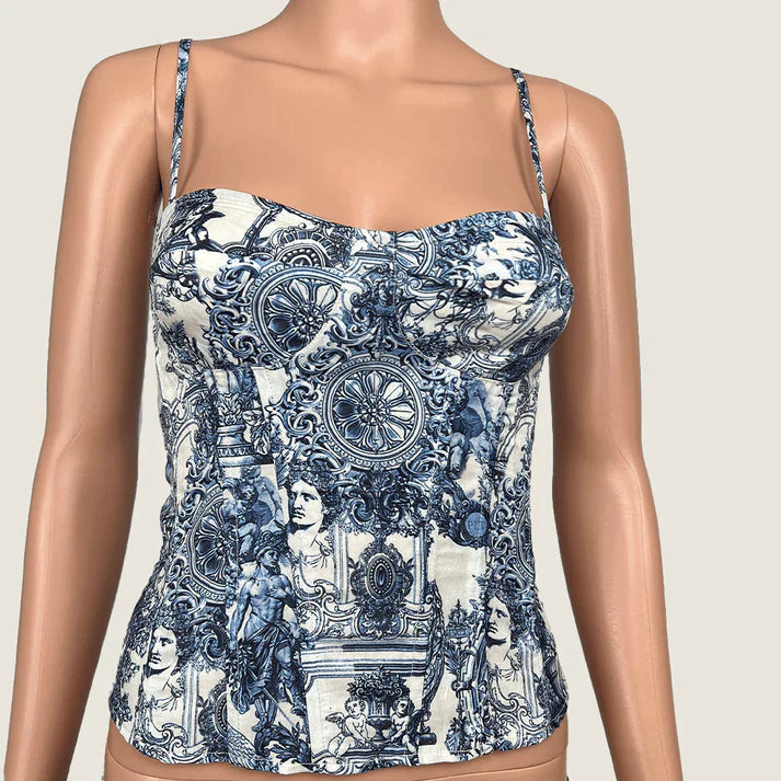 Blue Renaissance Print Structured Corset Top-Luxandluxy