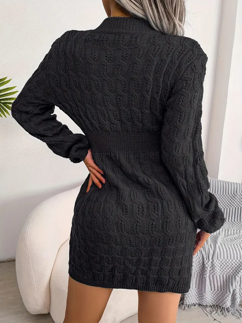 Body-Con Cable Knit Crewneck Sweater Dress-Luxandluxy