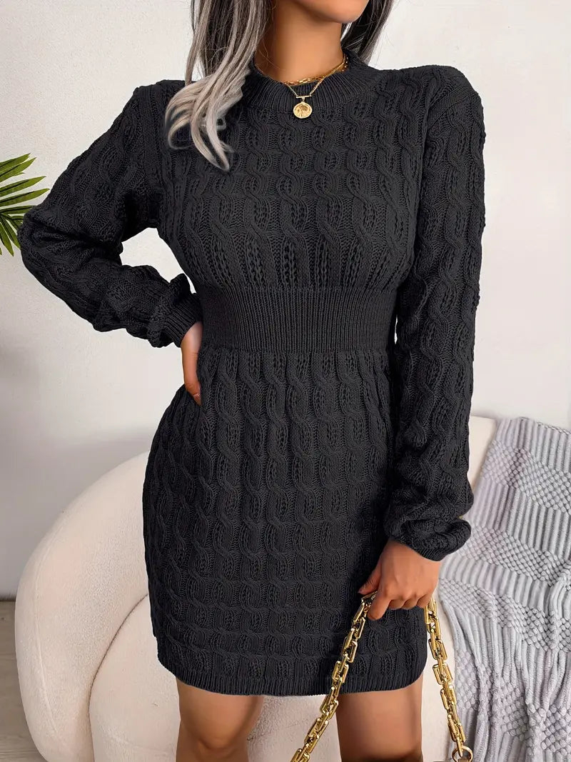 Body-Con Cable Knit Crewneck Sweater Dress-Luxandluxy