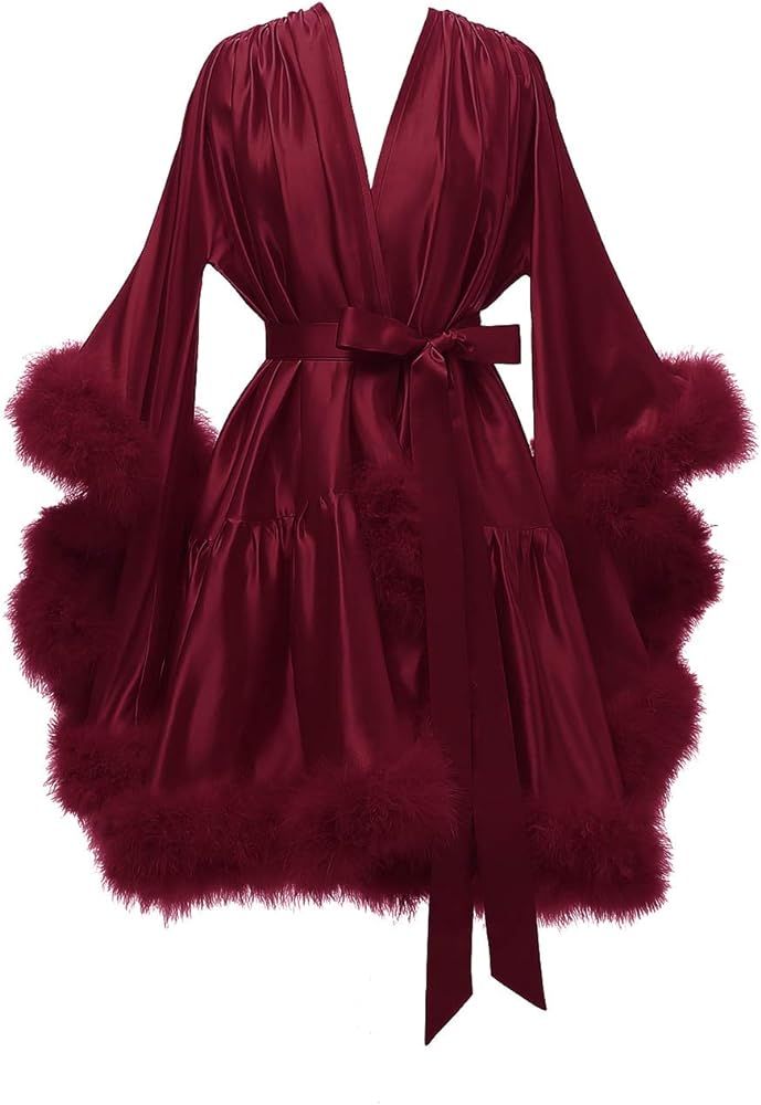 Boudoir Fur Trim Bell Sleeved Satin Robe-Luxandluxy