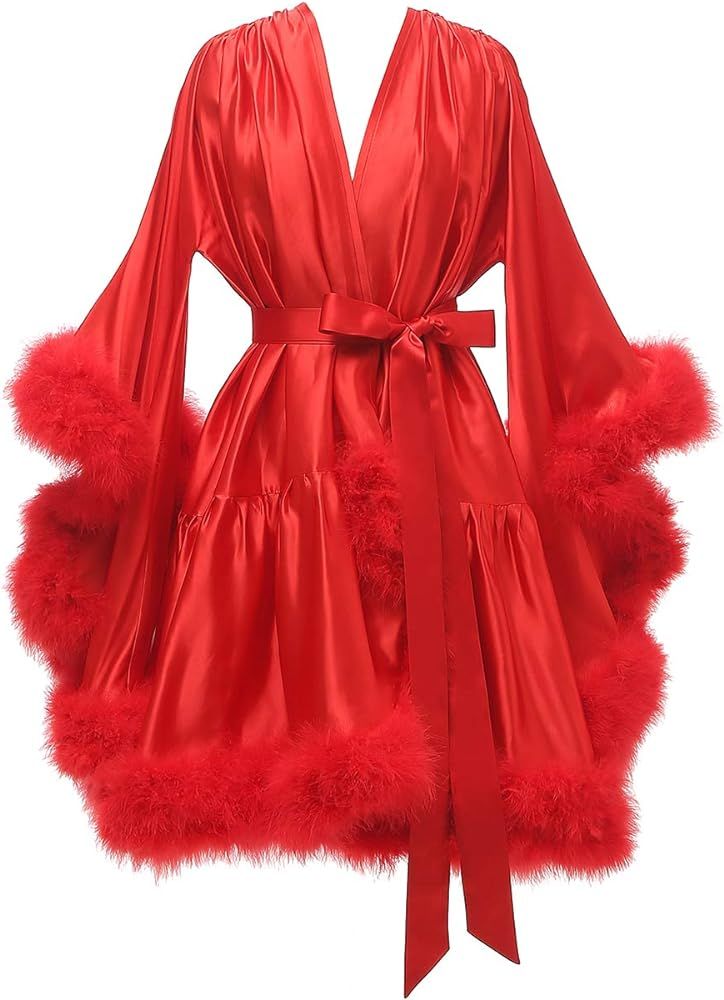 Boudoir Fur Trim Bell Sleeved Satin Robe-Luxandluxy