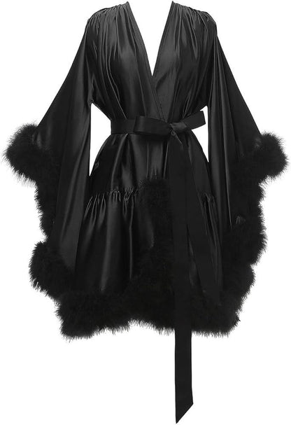 Boudoir Fur Trim Bell Sleeved Satin Robe-Luxandluxy