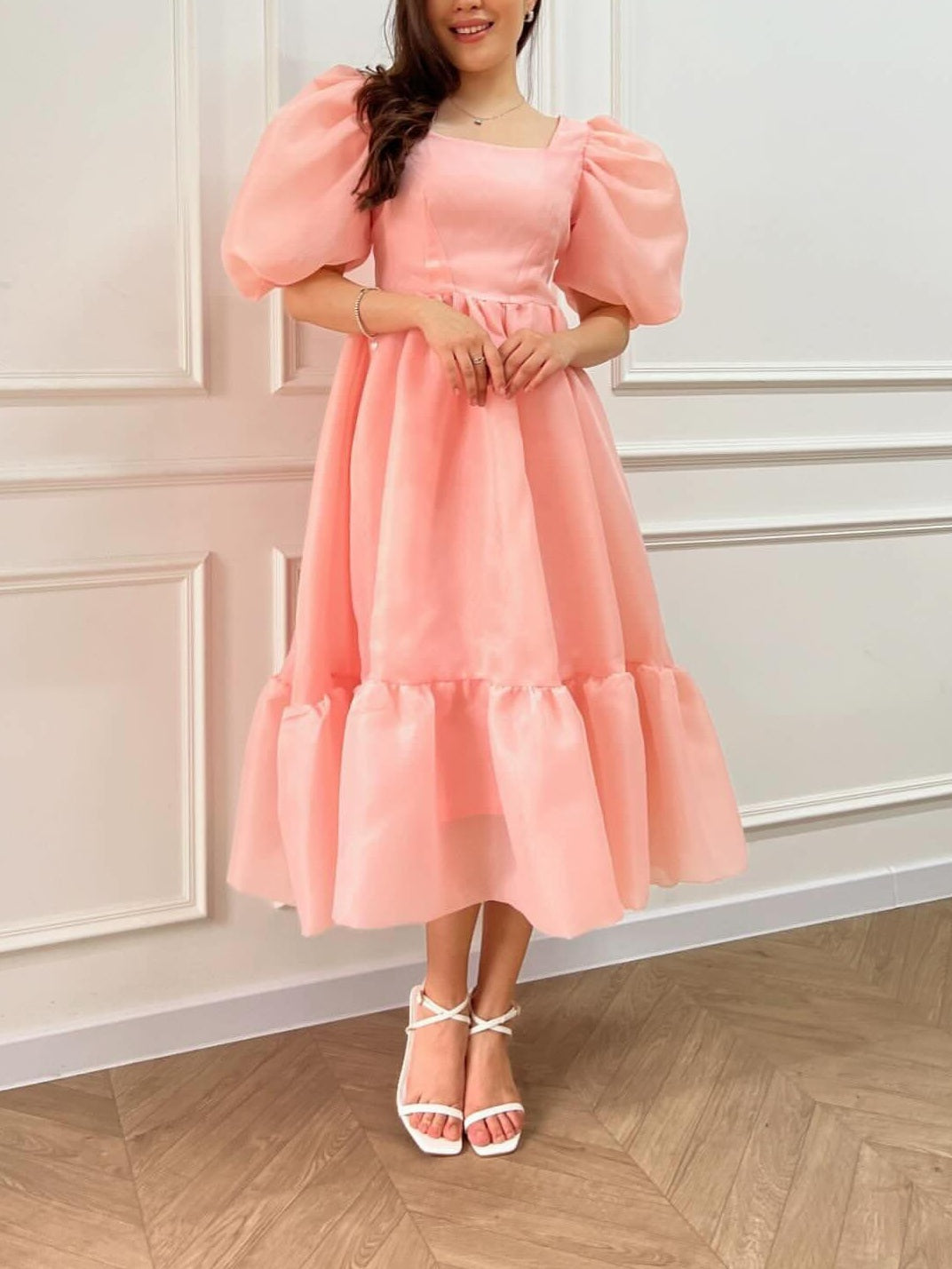 Bow Back Puff Sleeve Midi Dress-Luxandluxy