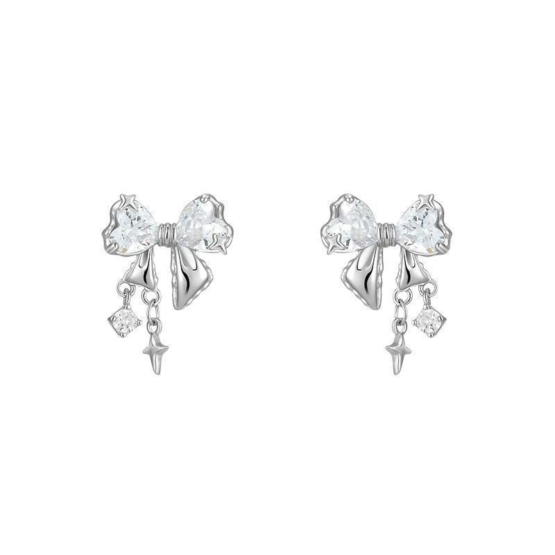 Bow Dangling Star & Stone Stud Earrings-Luxandluxy