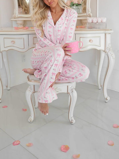 Bow Floral Print Striped Pajama Set-Luxandluxy