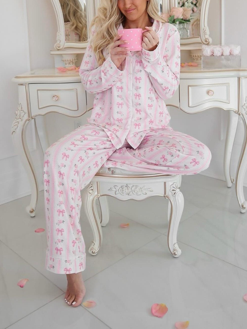 Bow Floral Print Striped Pajama Set-Luxandluxy