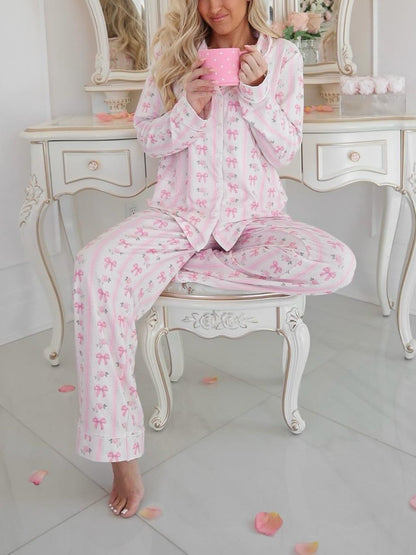 Bow Floral Print Striped Pajama Set-Luxandluxy