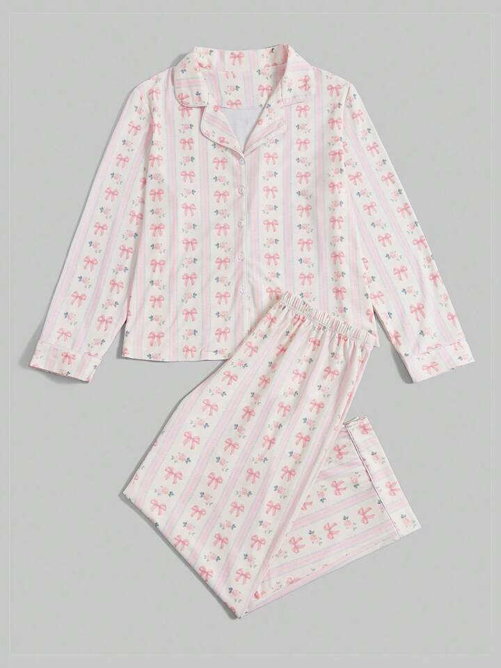 Bow Floral Print Striped Pajama Set-Luxandluxy