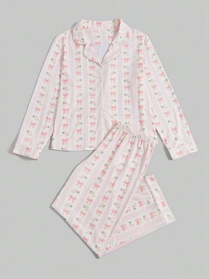 Bow Floral Print Striped Pajama Set-Luxandluxy