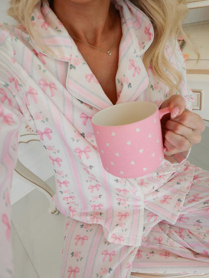 Bow Floral Print Striped Pajama Set-Luxandluxy