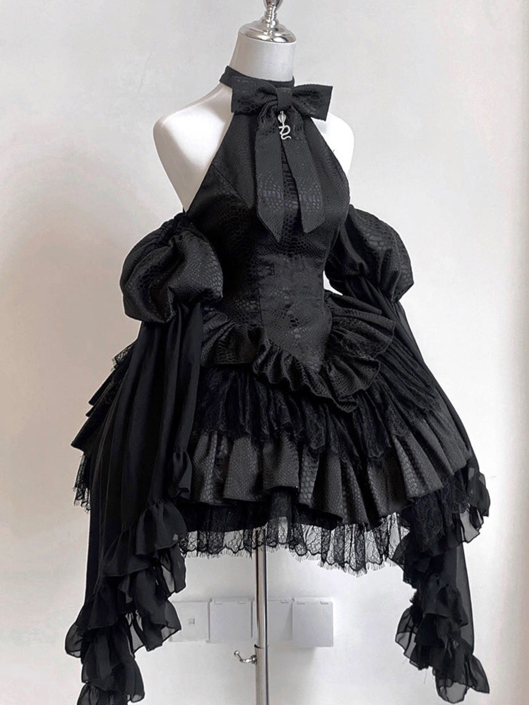 Bow Halterneck Off-Shoulder Ruffle Layered Lolita Dress-Luxandluxy