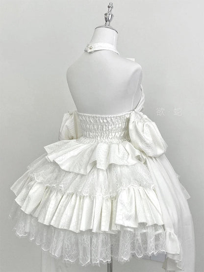 Bow Halterneck Off-Shoulder Ruffle Layered Lolita Dress-Luxandluxy