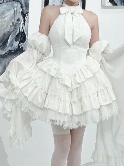 Bow Halterneck Off-Shoulder Ruffle Layered Lolita Dress-Luxandluxy