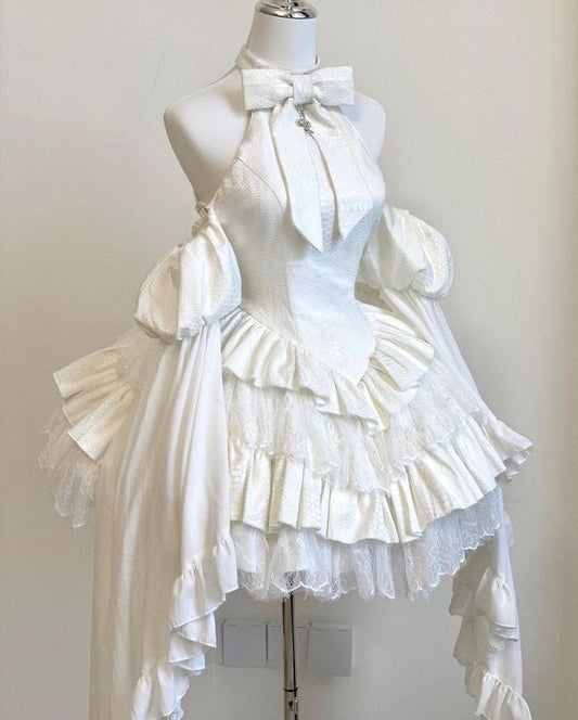 Bow Halterneck Off-Shoulder Ruffle Layered Lolita Dress-Luxandluxy