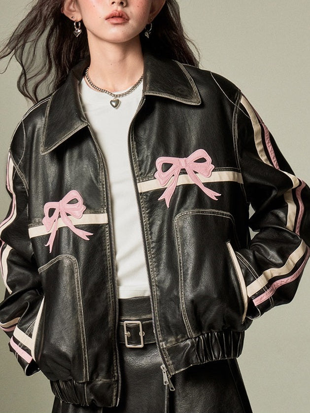 Bow Leather Jacket-Luxandluxy