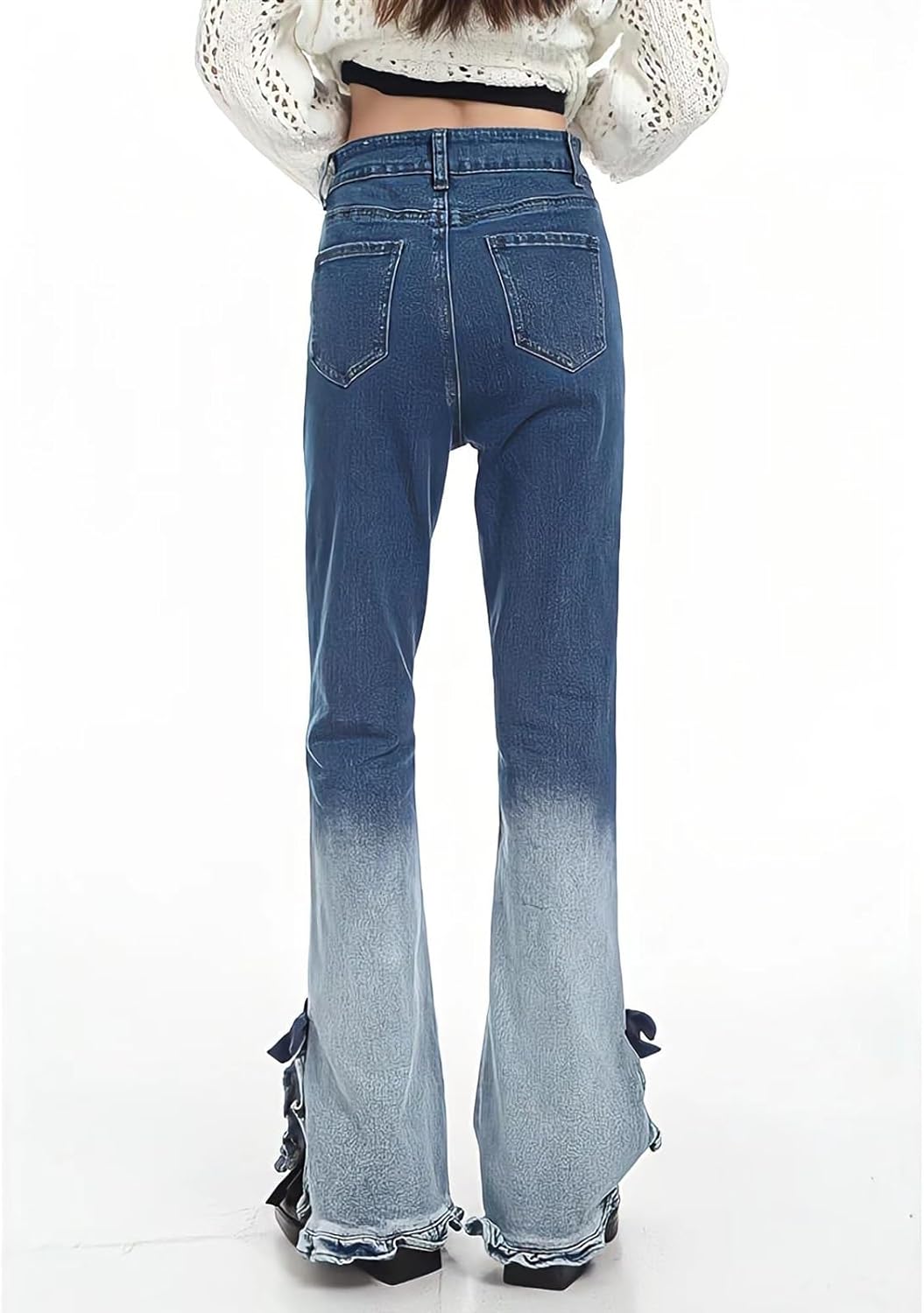 Bow Ruffle Slit Gradient Flare Jeans-Luxandluxy