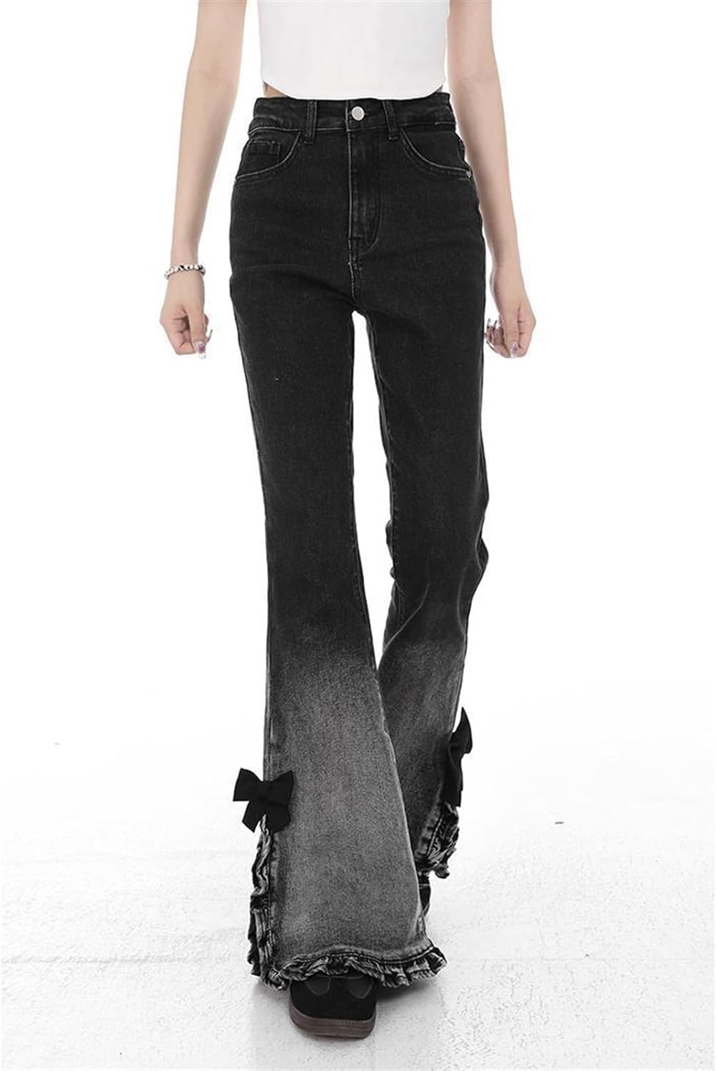 Bow Ruffle Slit Gradient Flare Jeans-Luxandluxy