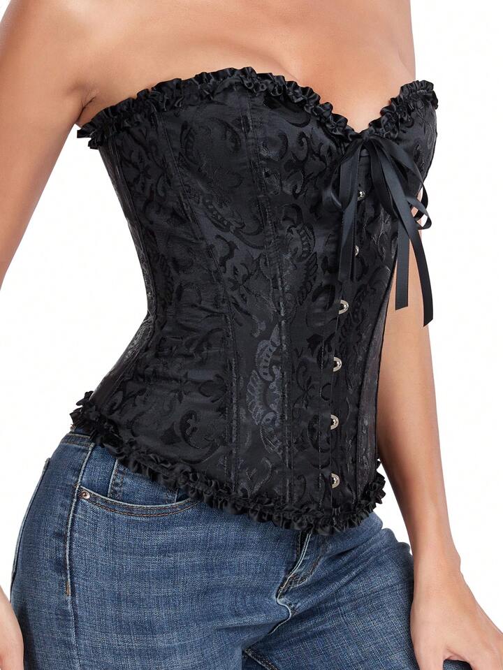 Bowknot Ruffled Hem Lace-Up Boned Corset-Luxandluxy