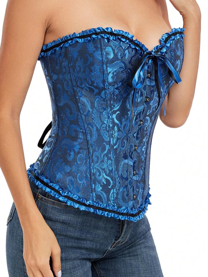 Bowknot Ruffled Hem Lace-Up Boned Corset-Luxandluxy