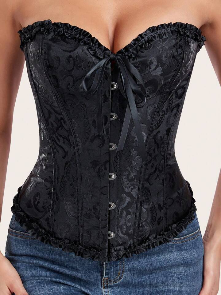 Bowknot Ruffled Hem Lace-Up Boned Corset-Luxandluxy